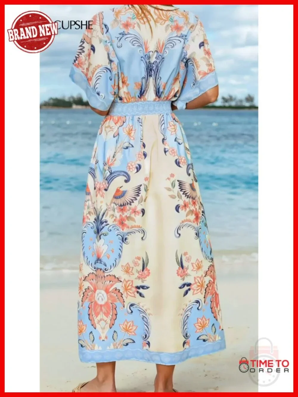 Women's Boho Maxi Dress V-Neck Half Sleeve Side Slit Empire Waist